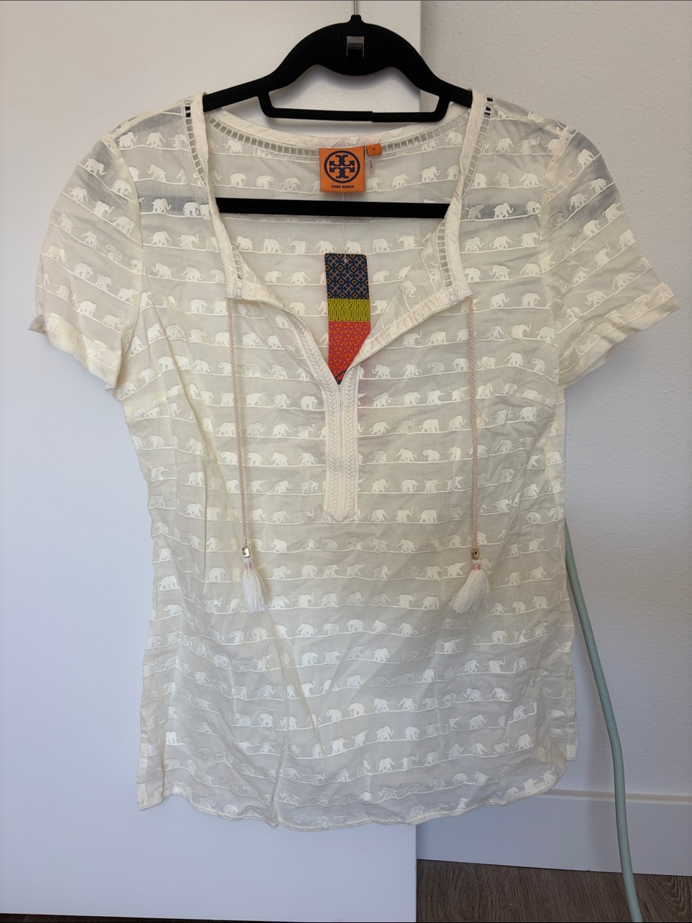 Tory Burch Elephant Cream Sheer Embroidered Short-Sleeve Tunic with Tassel Ties